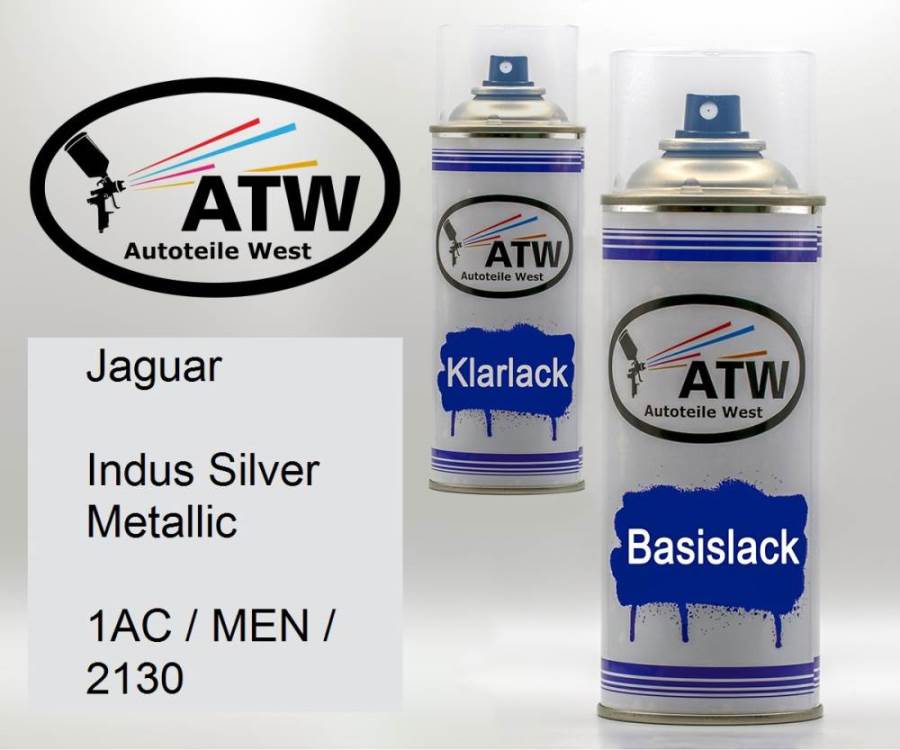 Jaguar, Indus Silver Metallic, 1AC / MEN / 2130: 400ml Sprühdose + 400ml Klarlack - Set, von ATW Autoteile West.
